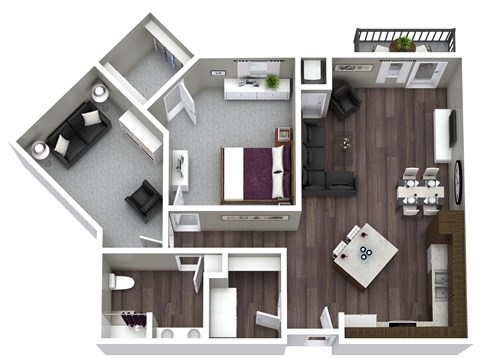 A top-down view of a house layout with a kitchen, living room, and bedrooms.